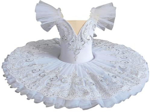 GZKDKZB Professionelles Ballett-Tutu für Mädchen, weiße Rüschenärmel, Schwanenplatte, Pfannkuchen-Tutu, Kinder-Balletttanz-Wettbewerb, Ballerina-Partykleid, Kostüm