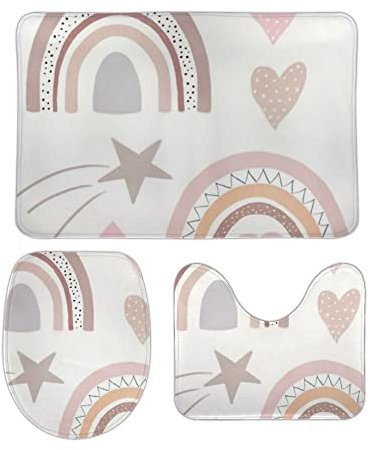 Alfombrillas de Baño para 3 Piezas Conjunto de Acuarela arcoíris Bohemio Absorbente Alfombra de Contorno en Forma de U Lavable Cubierta de Tapa de Inodoro para Dormitorio Bañera