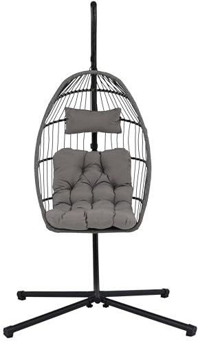 DK HOME Silla Colgante con Soporte, Balancín de Exterior, Asiento Acolchado Gris, Base de Metal