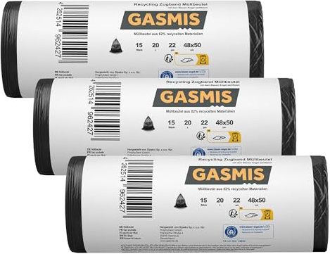 GASMIS Müllbeutel mit Zugband 20L – 3 x 15 Stück | Recycling Abfallsäcke 20 µm, reißfest & hygienisch | Mülltüten für Bad, Büro & Küche | Blauer Engel zertifiziert | 3 Rollen