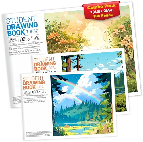 Cuaderno de bocetos A4 para artistas, papel de cartucho premium de 100 g/m², bloc de dibujo y pintura para niños, estudiantes y profesionales, diario de arte para dibujar y colorear (Combo-2A4, 1A3)