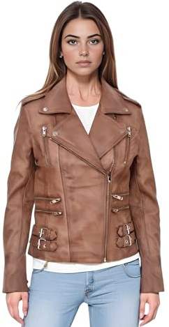 Infinity Leather Damen Leder Bikerjacke aus echtem Lammnappa, Vintage, Gothic-Schnalle