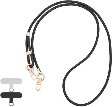 Fycyko Phone Lanyard, Crossbody Adjustable Woven Leather Phone Strap with 2 Tether Tabs Universal Anti-Theft Neck Phone Holder Compatible with Most Smartphones and Cases,Black