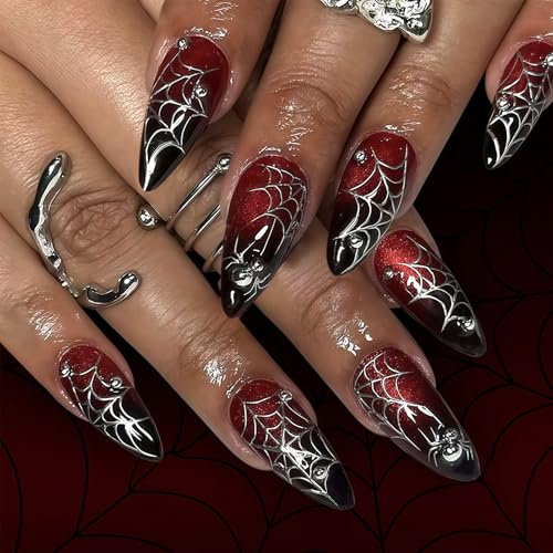 24 Stück Press on Nails Almond Lang - Schwarz Rot Farbverlauf Cateye Halloween Nägel - Künstliche Fingernägel mit Spinnen und Spinnweben Design - Full Cover Kunstnägel für Frauen (Black Red Spider)