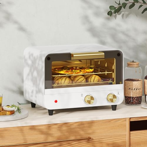 Mini Oven, 12L Countertop Electric Grill, Toaster Oven with Adjustable Temperature, Timer, Dishwasher Safe Baking Tray and Wire Rack, 750W, White