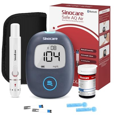 Sinocare Safe AQ Air Blutzuckermessgerät, einfaches und großartiges Blutzuckertest-Set mit Bluetooth und App, 25 Teststreifen und Lanzetten, in mg/dl