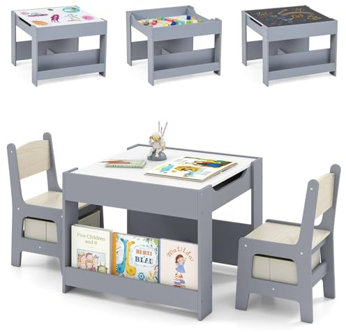 GYMAX Kids Table and Chairs Set, 4 in 1 Children Activity Desk with 2 Chairs, Reversible Tabletop, Bookshelves and Storage Bins, Wooden Toddler Table Set for Boys Girls (Grey+Natural, 61x61x48cm)