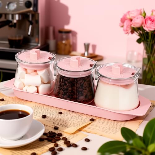 Yiyiring 3 Pcs Pink Glass Coffee Containers with Lids and Spoons, 30.5 oz Condiment Jars Coffee Bar Station Organizer Canister Set for Sugar Candy Tea Kitchen Counter Storage Jars with Tray