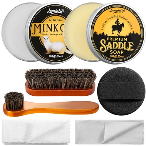 Leather Boot Care Kit, 7-in-1 Saddle Soap & Mink Oil for Leather Cleaning & Polish with 2 Horsehair Brush, Polishing Cloth, Microfiber Cloth, Leather Cleaner and Conditioner for Boots, Shoes, Couch