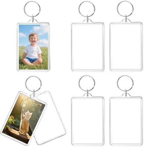 Pack de 6 porte-clés photo – Porte-clés acrylique transparent de 7 x 5 cm en design cadre photo – Porte-clés photo double face non imprimé avec anneau pour clé à personnaliser