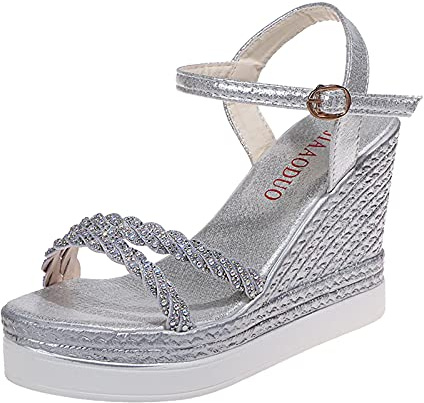 Cocila Sandalias De Verano Tacón Alto Para Mujer Casuales Plataforma Con Puntera Abierta Zapatos Toe Ladies Open Fashion Plataformas Tacones Cuñas Altas Mujeres Fucsia (Silver, 39) Senderismo