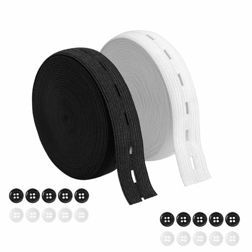 2 Rollos Cinta Elastica Costura con Ojales 20mm Bandas Elásticas | con 20 Botones Cinta de Goma para DIY Costura Manualidades Jeans(Blanco + Negro)