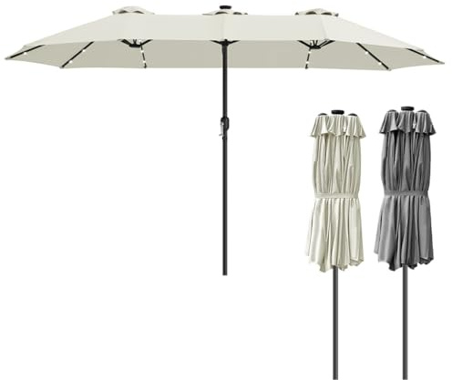 ISOISL dubbelt parasoll rektangulärt 394 x 210 cm med sol LED och handvev, stort parasoll trädgårdsparaply terrassparaply, 12 stålstänger, UV-skydd 50+, modulär design, vindtålig, beige