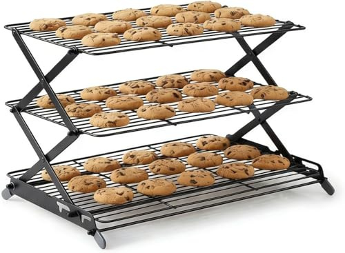 3-Tier Collapsible Cooling Rack, Adjustable Wire Baking Rack, Black | 3 adjustable heights, stable X-leg frame, folds flat, open-wire airflow, 17.1 x 9.8 in, for cookies, cakes and pastries