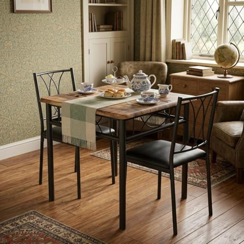 GarveeMore Dining Table and Chairs Set of 2, Space Saving Square Kitchen Table with Upholstered Seats, 2 Seater Industrial Metal Stowaway Bistro Set for Flats & Breakfast Nooks, Rustic Brown