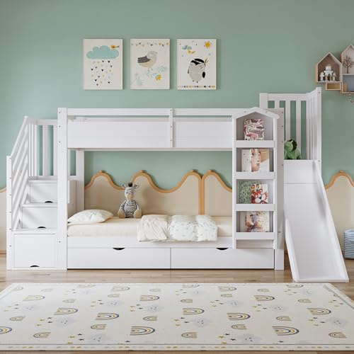 Worletty Lettino a castello, letto per bambini, con scaffalatura, due cassetti su ruote e scivolo per bambini, in pino + MDF + compensato, bianco, 90 x 200 cm