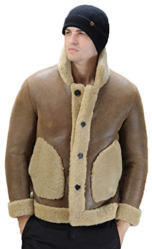 Denny&Dora Braune Lammfell-Jacke für Herren, kurze Lederjacke, Wintermäntel Gr. L, braun
