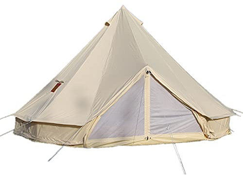 TentHome Campingzelt Wasserdicht Tipi Zelt Familienzelt Pyramidenzelt Baumwolle Indianerzelt mit Ofenloch, Bodenwanne Glockenzelt Bell Tent Rundzelt Gruppenzelt Stehhöhe, beige 5M/16,4Fuß
