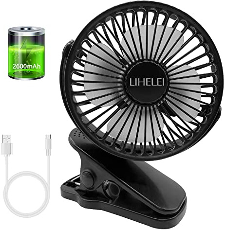 LIHELEI Portable USB Desk Fan - Rechargeable 2600mAh Stroller Fan With Powerful Airflow, Low Noise Clip-on Design for Pram, Camping, Home, Office, Travel_Black
