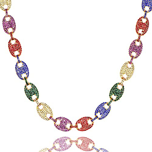 Apzzic 13mm Iced Out Miami Cuban Link Coffee Bean Chain Gold Plated Rainbow Multicolor Lab Diamond Full CZ Choker Necklace for Men Women Gold Colorful 18Inch
