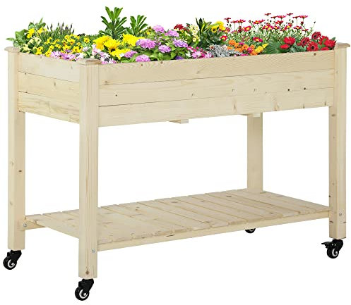 Outsunny Hochbeet mit rädern Pflanztisch Blumenkasten mit Abfluss Massivholz Vliesstoff Natur 118 x 55 x 83 cm