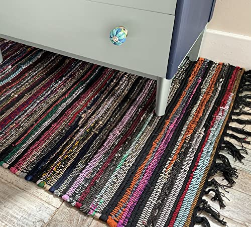 Second Nature Online Black Multi Colour Festival Rag Rug Small Hand Made Reversible Mat GoodWeave Certified 60 cm x 90 cm