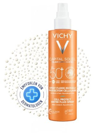 VICHY Cell Protect Spray LSF 50+, Sonnenschutz mit Hyaluronsäure, 4-Level Schutz (UVB, UVA, long UVA und Antioxidativ), Für alle Hauttype, Unsichtbares Finish, Capital Soleil, 200 ml