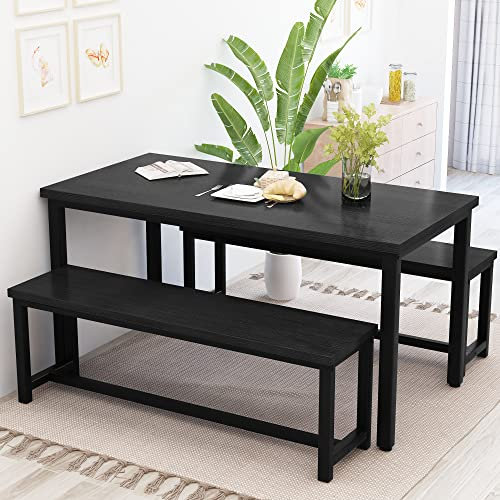 Recaceik Dining Table Set for 4 Kitchen Dining Room Set with 2 Dinner Benches, Farmhouse Breakfast Table for Apartment Small Space, Easy Assembly