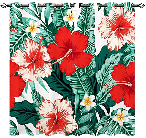 YUANZU Tropical Curtains - Jungle Exotic Green Palm Fern Leaves Vivid Hibiscus Plumeria Flowers Print Pattern Eyelet Blackout Window Drapes for Bedroom Living Room Office 2 Panels W117cm x D137cm