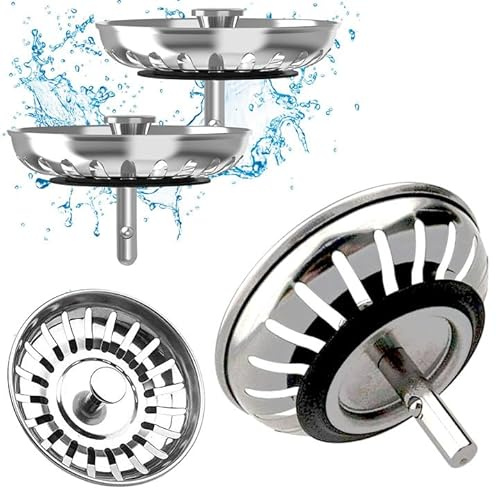 2Pcs Kitchen Sink Plug Strainer, Diameter 78mm Sink Strainer Basket, Stainless Steel Sink Plug Strainers Waste Stopper, Replacement Bathroom Sink Plugs for UK Sinks