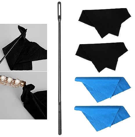 Flute Cleaner Care Cleaning Kit, Flute Cleaning Saxophone Rod Cleaning Swabs with 4 Microfiber Cleaning Cloth Swabs, Flute Cleaner Kit Flute Polishing Cloths, Black+Blue