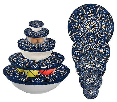 Mandala Floral Dots Navy Blue Elastic Bowl Covers Reusable Stretch Food Storage Cover for Proofing Reste Proofing Bowl Set of 5 in 5 Sizes