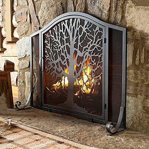 Kaminschutzgitter im Baum-Design, Kaminschutzgitter mit Türen, 96 cm große schmiedeeiserne Netzabdeckung für offenes Feuer/Gasfeuer/Holzofen, schwarz Present