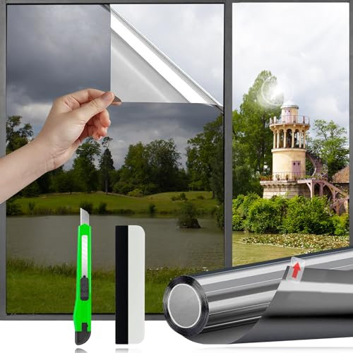 HOMTOL Film Fenêtre Anti Regard sans Tain Anti Chaleur UV Film Miroir Opaque Fenêtre Protection de la Vie Privée pour Maison Bureau Argent Noir 40x400cm