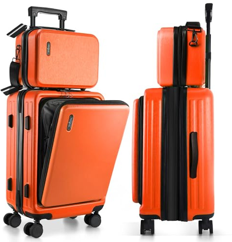 TravelArim 22 Inch Carry On Luggage, Carry On Suitcase with Wheels, Hardside Luggage Carry On, Expandable Orange Small Suitcase, Hard Shell Carry-on Luggage, Spinner Luggage with Cosmetic Carry On Bag