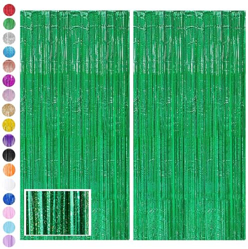 Green Tinsel Curtain Party Backdrop Glitter,2pcs 3.2ft x 6.5ft Foil Curtain Christmas Decorations,Green Foil Fringe Streamers Metallic Tinsel Door Hanging Foil Flow Silk Streamers for Holiday Party