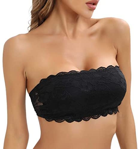 Cavotor Lace Strapless Bra for Women Wireless Bandeau Bra Seamless Padded Bralette Tube Top Sexy Stretchy Comfortable Bras (Black,L)