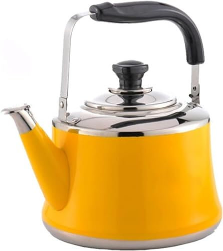 Bouilloire à thé jaune pour dessus de cuisinière, jolie bouilloire sifflante en acier inoxydable avec poignée sifflet, jaune |||| 2 l