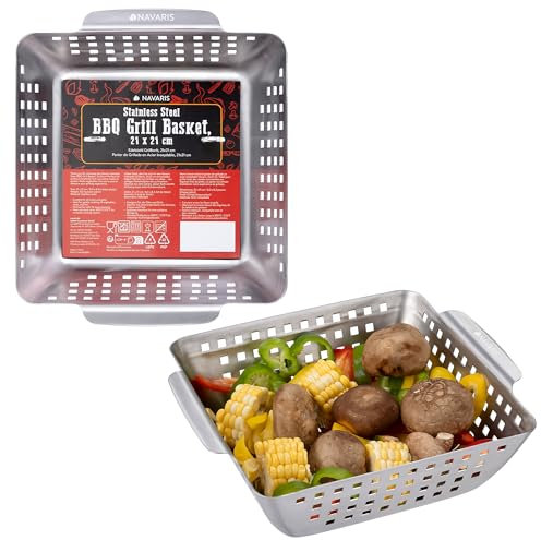 Navaris Panier de Grillade Barbecue Inox - Accessoire Grille de Cuisson pour BBQ Grill et Gaz - Bac Perforé 21 x 21 cm avec Poignées en Acier pour Poisson Viande Legume