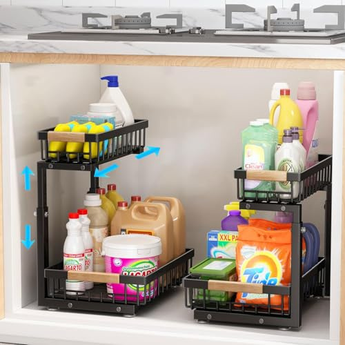 Hykiee 2 Set Metall Küchen Schrank Organizer 2 Etagen, Höhenverstellbar Unter Waschbecken Regal Waschbeckenunterschrank mit 2 Schiebeschublade, Putzmittel Spülschrank Organizer