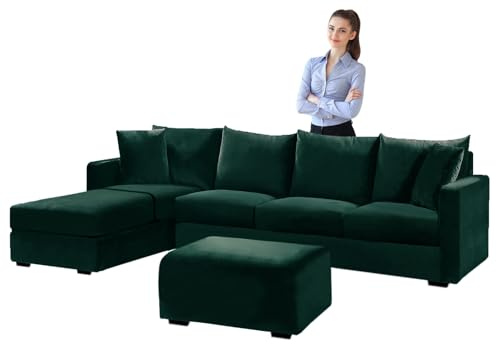 SYLC Samt Couch überzug L Form Sofabezug Ecksofa, Sofa Cover L Shape Stretch Mit Sitzkissen Rückenlehne, Universal Sofaüberwurf Waschbar (Dark Green,Sofabezug 90-140cm)