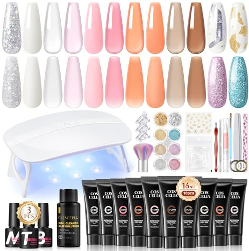 COSCELIA Kit Ricostruzione Unghie con Lampada Unghie, 10 Colori 16ml Gel Ricostruzione Unghie+30ml Slip Solution, Base e Top Coat Matte, Kit Unghie Completo Nail Art