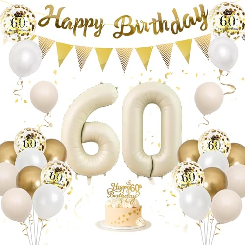 Moorle 60th Birthday Decorations: Gold Balloons, Banner, Cake Toppers & Confetti for 60th Party