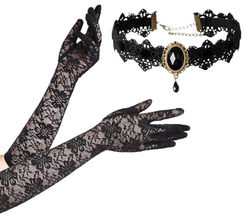 QEXUJOW Handschuhe & Fäustlinge für Damen Damen-Spitzenhandschuhe, Damen-Brauthochzeits-Kleidungszubehör, 1 Paar lange schwarze Spitzenhandschuhe + 1 Stück Gothic-Spitzenhalskette