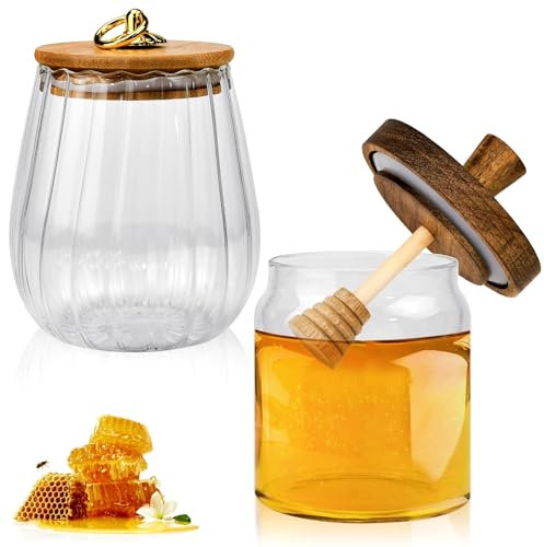 GZCZCC Set 2 Barattoli in Vetro con Coperchio Legno Massello - 500ml + 550ml, Ermetici per Miele/Sciroppi/Conserve, Vasetti per Sciroppi a Tenuta Stagna, Contenitori Ermetici per Miele Naturale