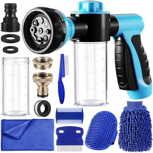 Baderke 10 Piece Dog Washing Hose Attachment Dog Hose Nozzle with Soap Dispenser Pet Shower Tool Set Dog Comb Bath Brush Towel Car Wash Mitt Brass Converter Tape for Pet Garden Car Washing (Blue)
