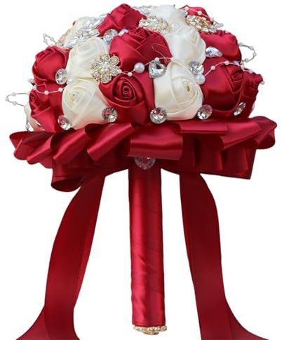 SHINROAD Bouquet di fiori artificiali colorati in raso per sposa con strass perle finte fatto a mano elegante damigella d'onore, Nastro di raso, Pietra secondaria