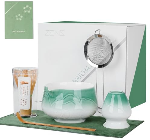 ZENS Matcha Tea Set with Bamboo Whisk, 6pcs Matcha Tea Ceremony Kit Includes Ceramic Bowl & (Chasen Holder), Whisk, Scoop, Sifter and Soft Towel for Matcha Latte, Making Usucha, Blue