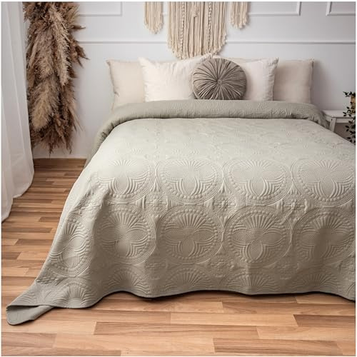 CalmyHOME Tagesdecke 200x220 Bettüberwurf Tagesdecken - Überwurf Mandala Sofaüberwurf Steppdecke Sofa Decke Bett Überwurfdecke Tages Decken Betthusse XXL Überdecke Gesteppte (Leinenbeige)