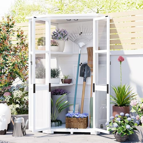 VANTOOK Multi- Functional Outdoor Storage Cabinet with Waterproof- Roof and Lockable Door,Wood Tool Storage Shed for Outdoor or Indoor,Mini Greenhouse for Backyard,Patio, Lawn,White
